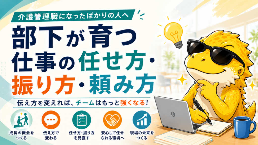 介護管理職が部下へ仕事を任せて育成につなげる方法を示したサムネイル
